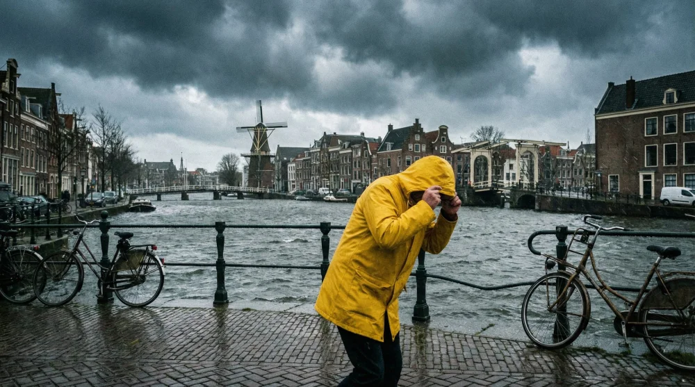 Traveler in a raincoat walking near a canal during typical windy Dutch weather