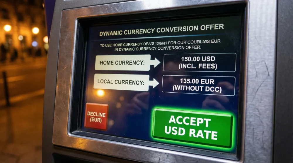 ATM screen showing a misleading dynamic currency conversion prompt with green and red buttons