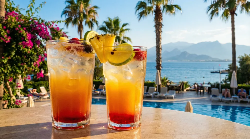 Ein erfrischender Cocktail mit vielen Eiswürfeln an einem sonnigen Pool in Antalya