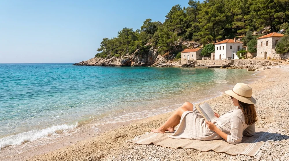 Alleinreisende Frau entspannt an einem ruhigen Strand mit türkisblauem Wasser in Kaş