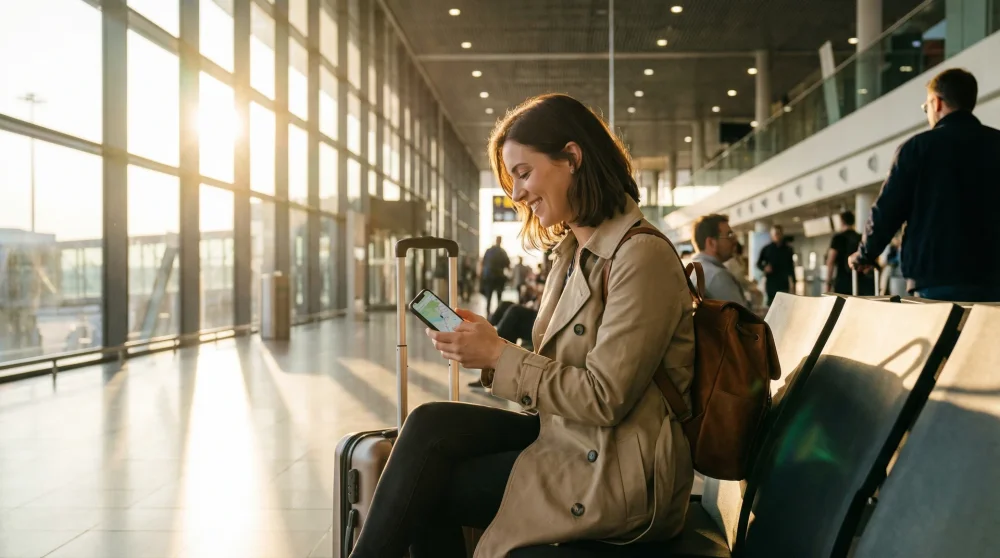 Traveler successfully using internet data on their iPhone immediately after landing at a European airport