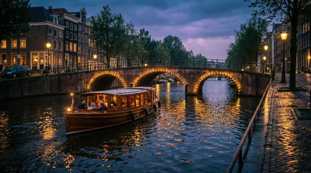An evening canal cruise boat passing under illuminated arched bridges in Amsterdam with glowing reflections on the water