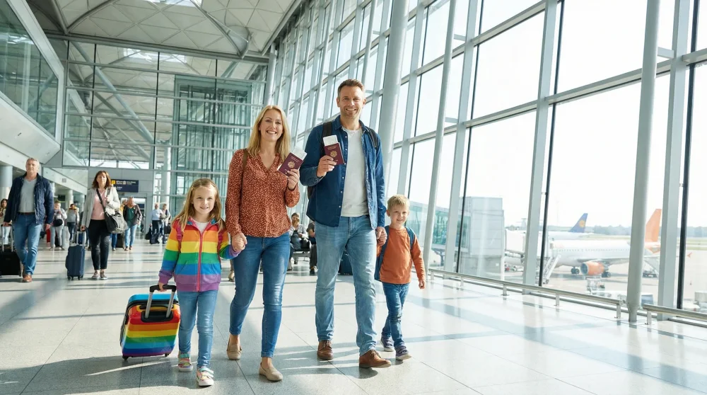 Eine Familie mit Kindern läuft mit gültigen Reisedokumenten durch den Flughafen zur Passkontrolle