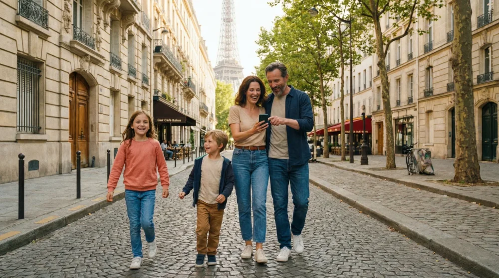 Happy family navigating a European city street using a smartphone with an eSIM connection.