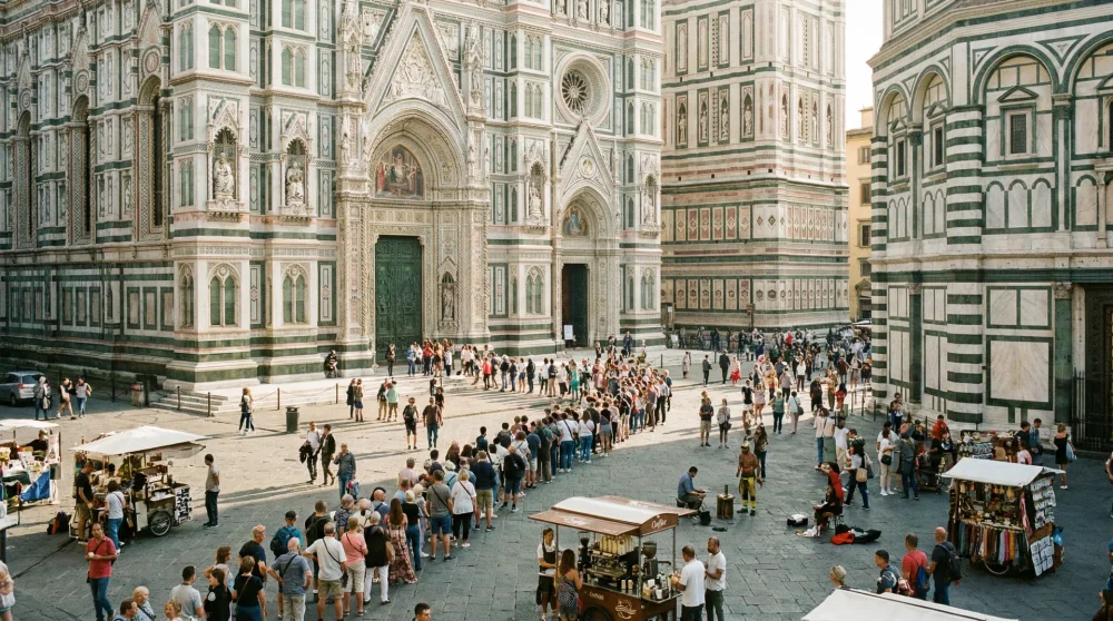Tourists queuing outside the marble entrance of Florence Cathedral in the morning