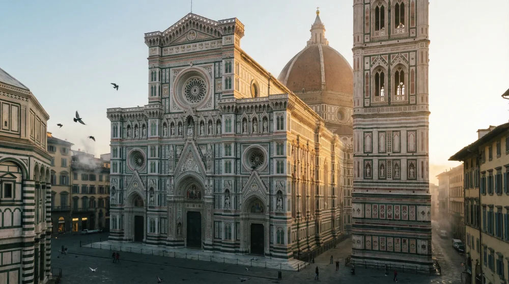 Exterior view of Florence Cathedral showcasing its intricate white, green, and pink marble facade