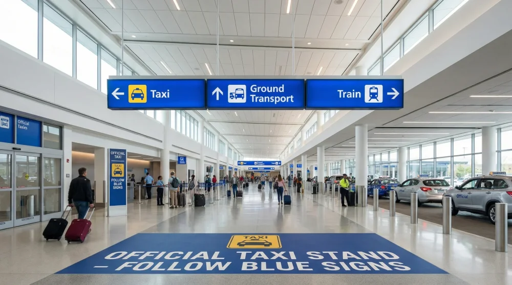 Offizielle Beschilderung für Taxistände in einer modernen Flughafen-Ankunftshalle