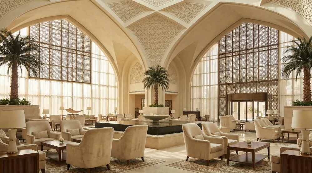 The majestic atrium lobby of Four Seasons Hotel Riyadh with high ceilings