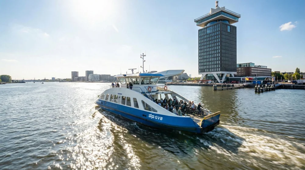 The free GVB ferry crossing the IJ river towards the A'DAM Lookout tower