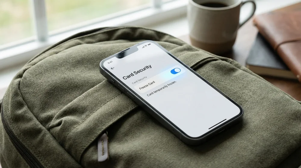 Freezing a lost debit card instantly using a digital banking mobile application while traveling