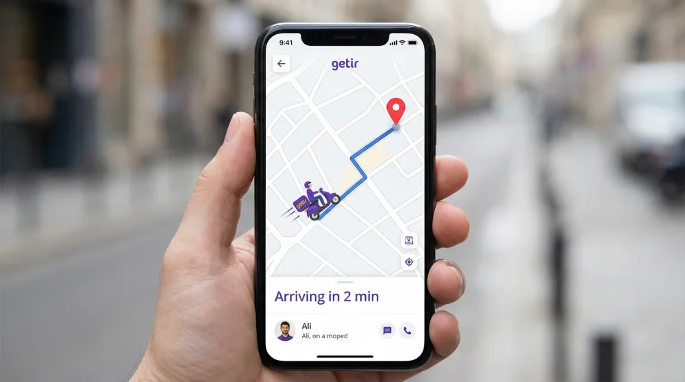 Close-up of Getir app interface showing real-time courier tracking on a city map