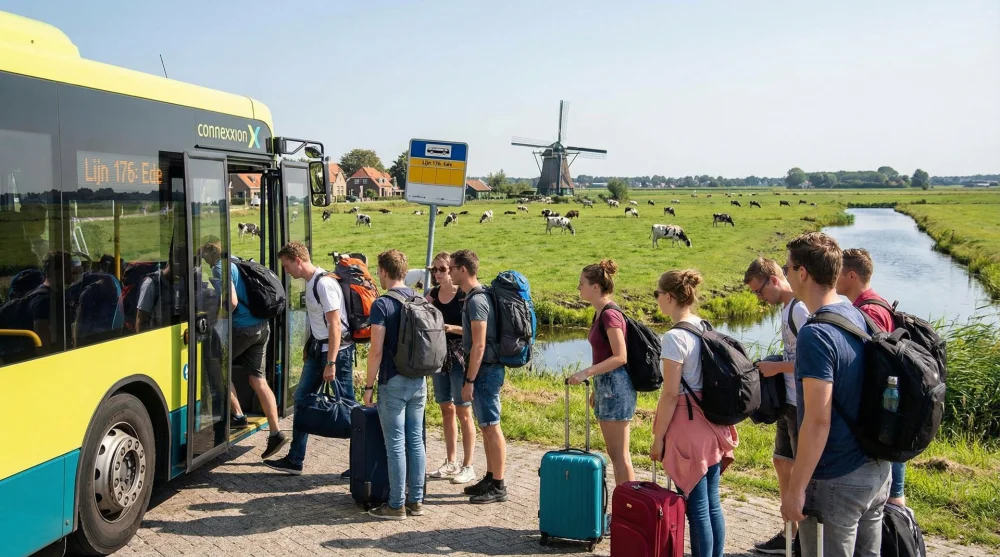 Bus stop near Giethoorn village center surrounded by green Dutch countryside