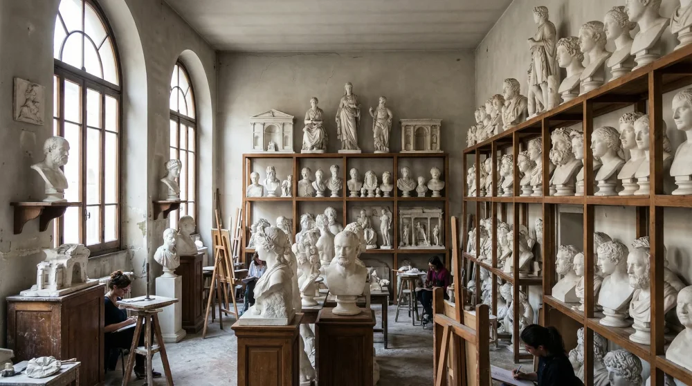 The Gipsoteca Bartolini hall filled with numerous 19th century plaster busts and sculptures