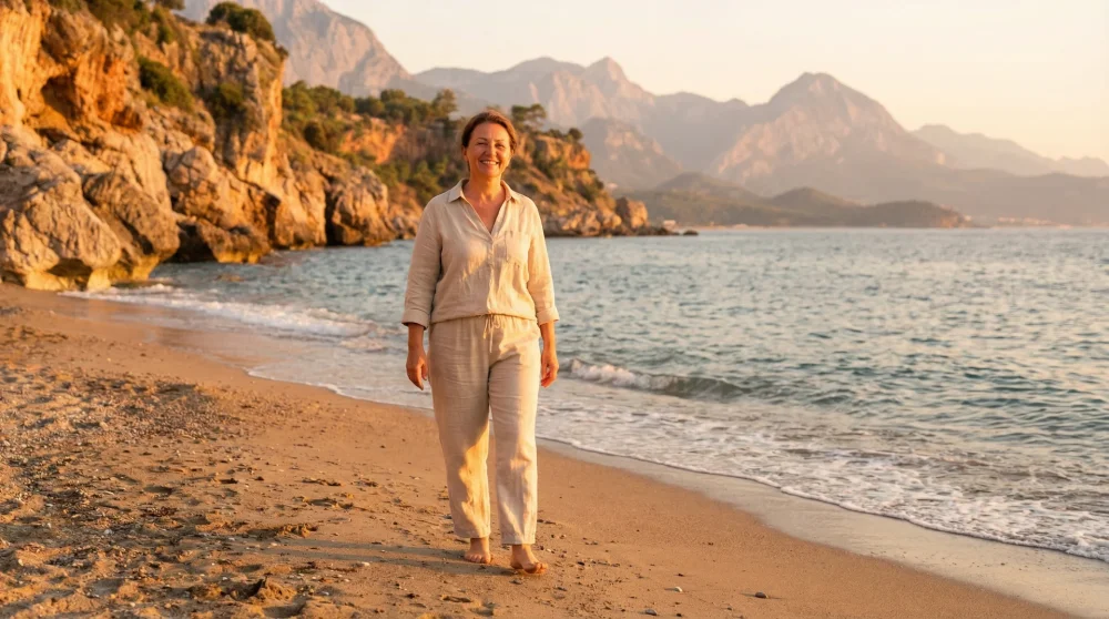 Zufriedener Patient mit einem strahlenden, natürlich aussehenden Lächeln spaziert entspannt am Strand von Antalya