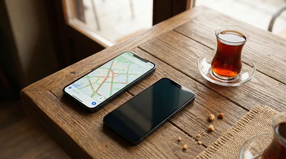 Two smartphones showing map applications next to a glass of Turkish tea, comparing Google Maps and Yandex Navigator