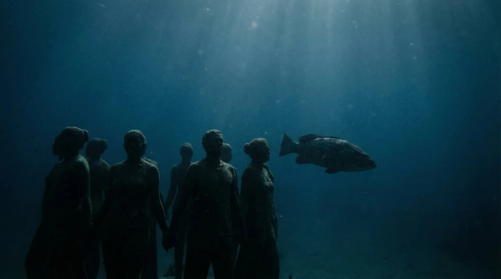 Silhouettes of underwater statues in the deep blue water of MUSA creating a mysterious atmosphere