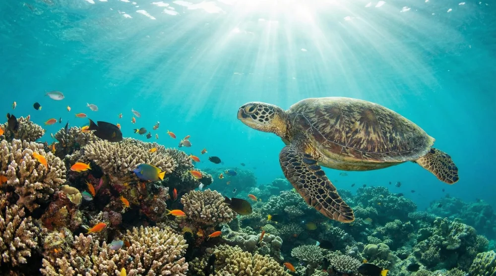 Hawaiian Green Sea Turtle Honu swimming underwater near coral reef at Kahaluu Bay