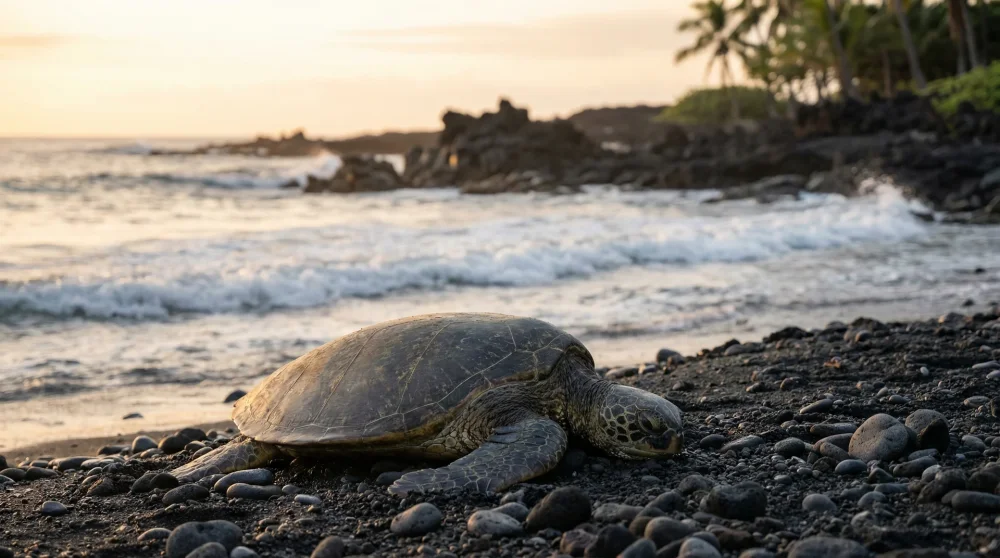 Endangered Hawaiian green sea turtle basking in the sun on the dark volcanic shores of Punaluu Beach