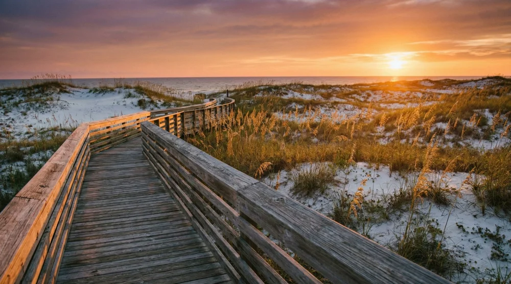 Wooden boardwalk crossing over protected sand dunes at Henderson Beach State Park