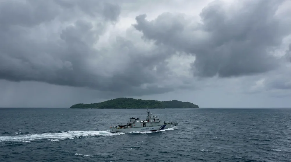Indian Coast Guard vessel patrolling the restricted waters around the North Sentinel Island exclusion zone.