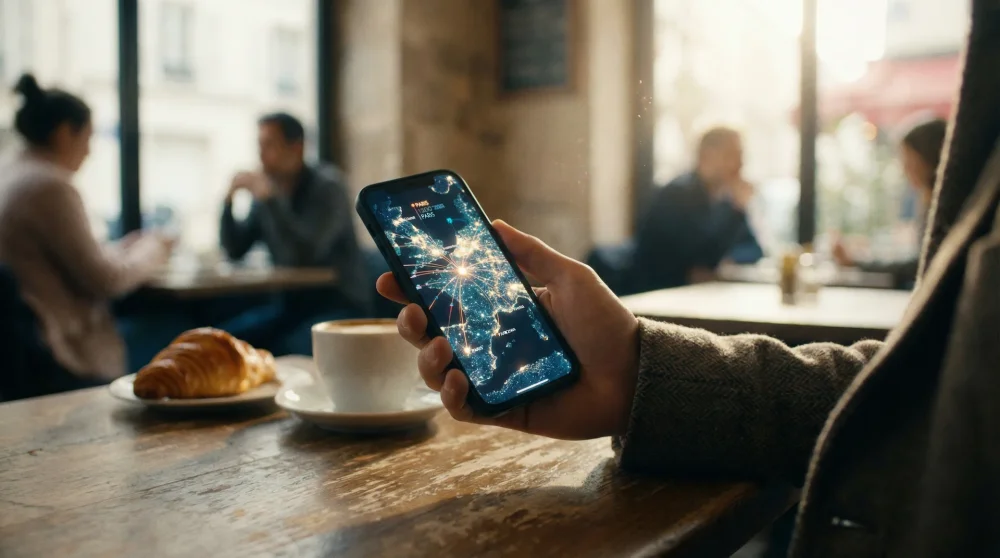 Traveler holding an iPhone 15 in a European cafe while setting up their travel eSIM profile