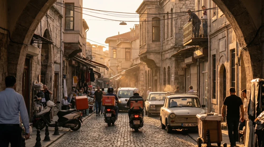 Cars and delivery scooters navigating a narrow congested street in Istanbul, highlighting the need for accurate traffic apps