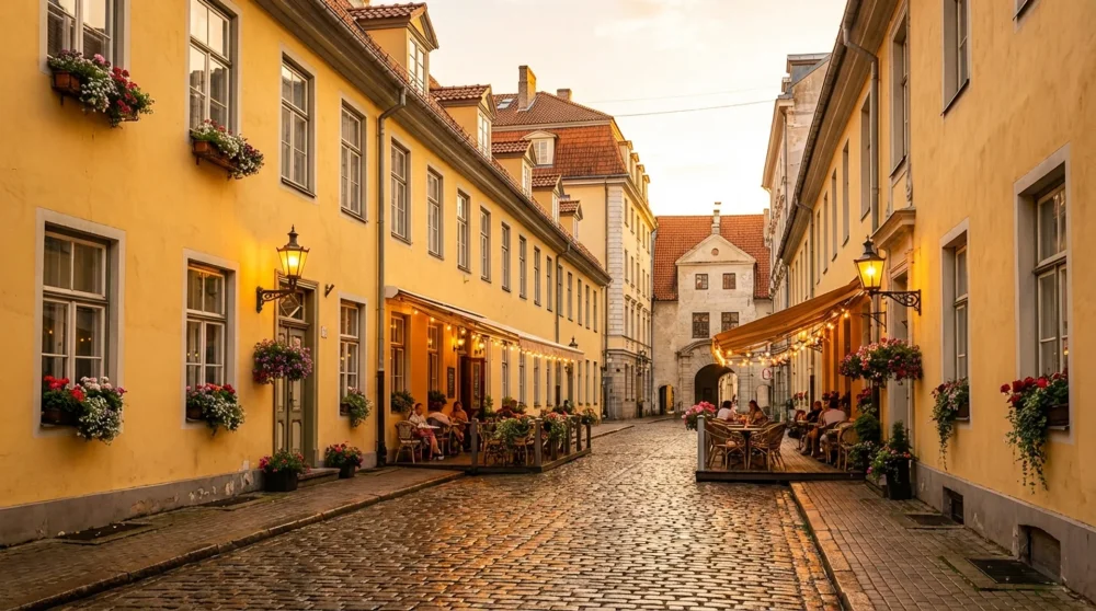 The bright yellow buildings of Jacob's Barracks along Troksnu Street near the Swedish Gate in Riga