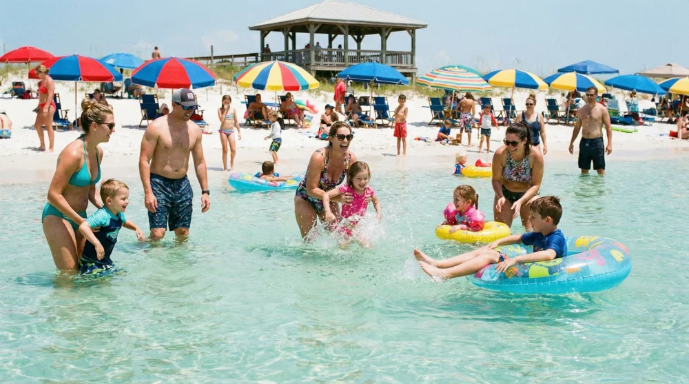 Families enjoying the shallow calm waters at James Lee Park in Destin