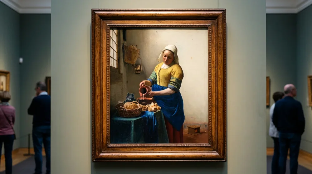 A beautifully lit display of Johannes Vermeer's The Milkmaid painting in the Rijksmuseum gallery