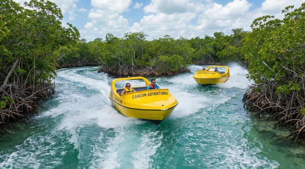 Tourists driving small yellow speedboats through the mangroves in Nichupte Lagoon