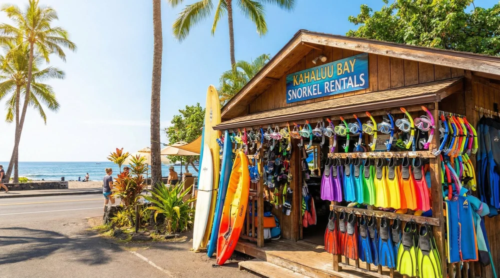 Snorkel gear rental shop with masks and fins located across the street from Kahaluu Beach Park