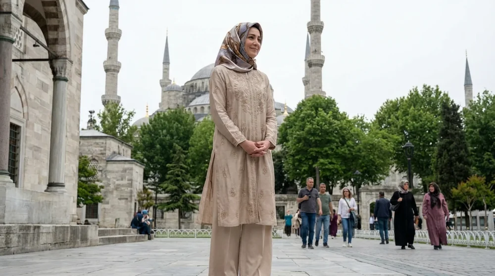 Touristin mit angemessener Kleidung und Kopftuch vor einer Moschee in Istanbul