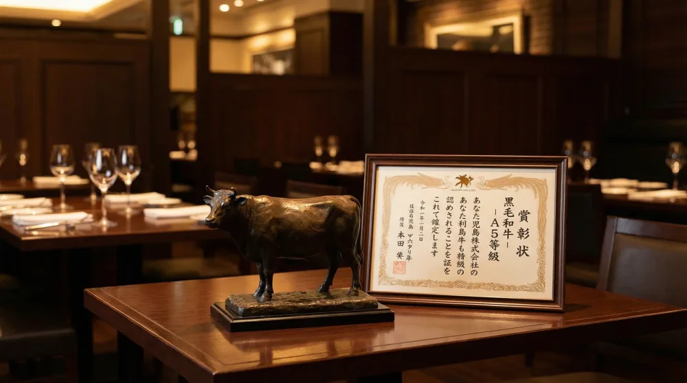 Official bronze Tajima cow statue and authentic Japanese meat certification displayed in a high-end steakhouse