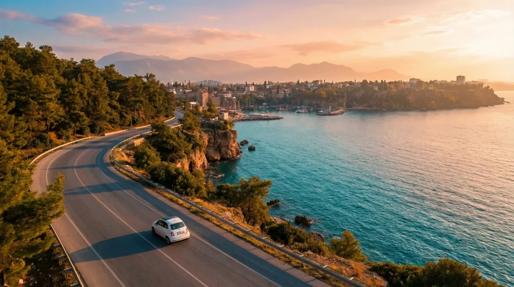 Weißer Mietwagen fährt auf einer malerischen Küstenstraße in Antalya am türkisfarbenen Mittelmeer