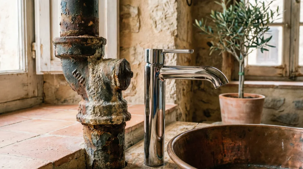 Alter Wasserhahn und verrostete Rohre im Kontrast zu modernen Armaturen als Symbol für die Wasserinfrastruktur in der Türkei