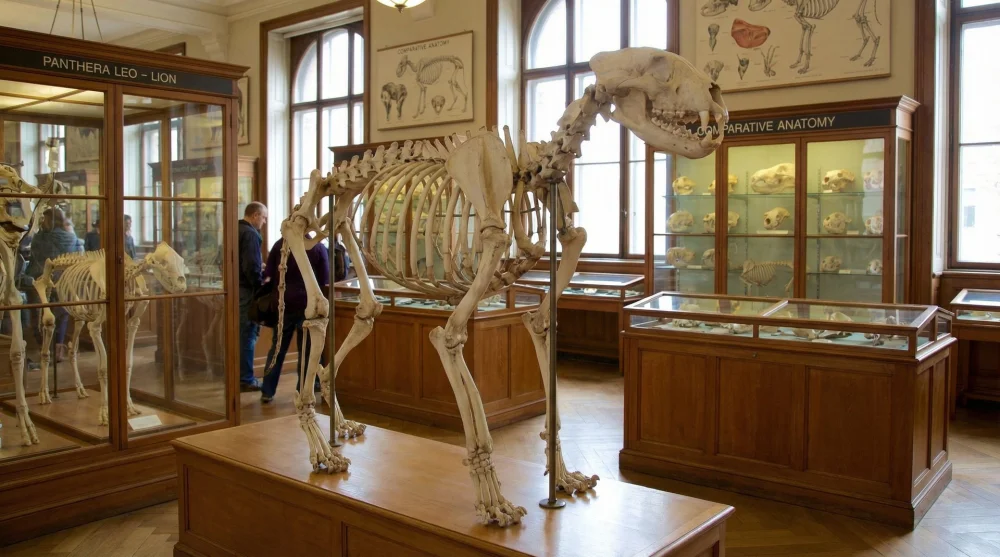 Skeleton of a lion displayed in the comparative anatomy section of Museum Vrolik