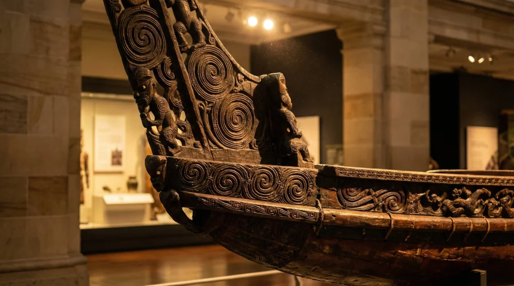 The massive Te Toki ā Tāpiri Māori war canoe on display