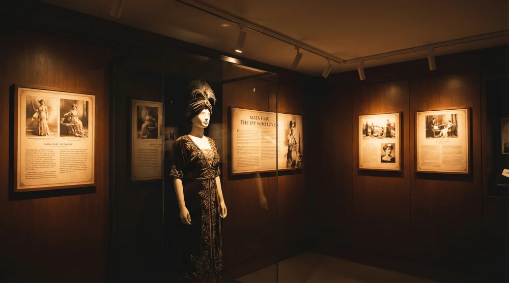 Historical exhibit featuring Mata Hari figure and information at Amsterdam Sex Museum