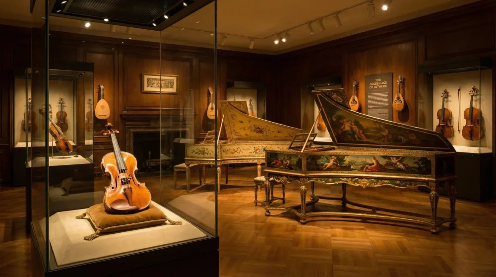 Collection of historic Medici musical instruments including rare violins and harpsichords