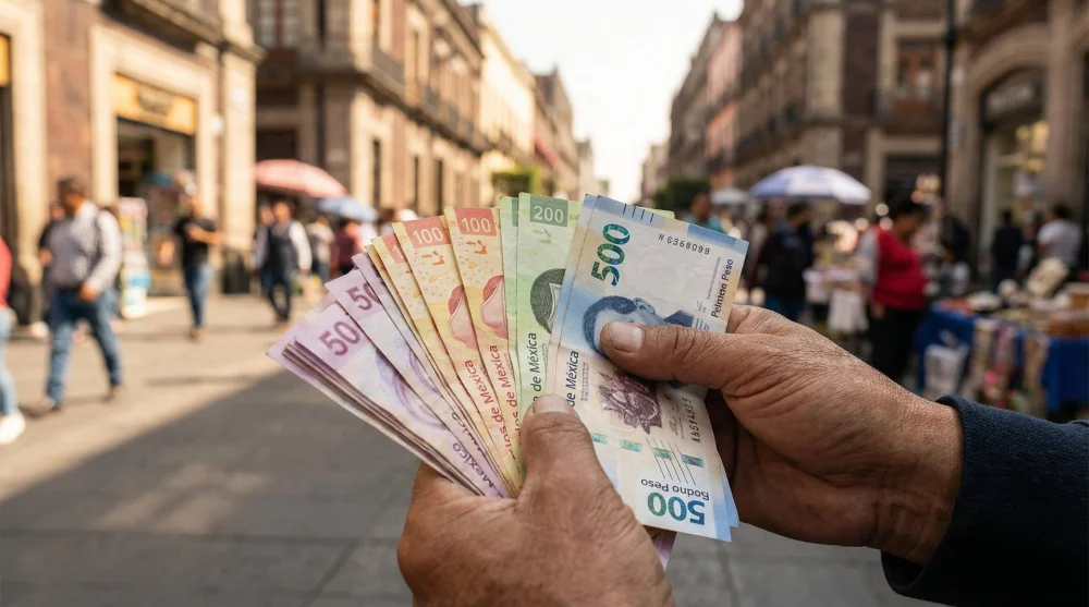 Hands holding a fan of Mexican peso bills against a blurred city street background