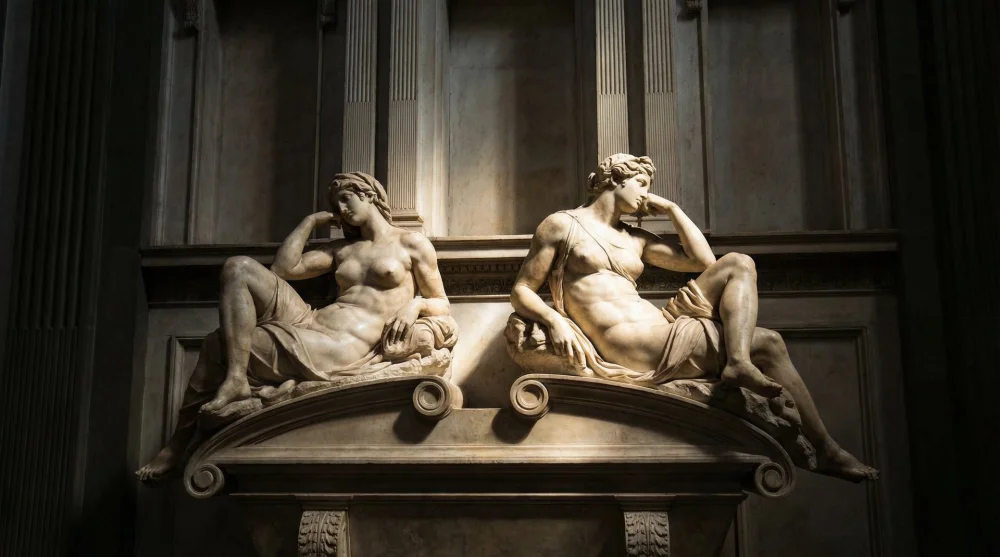 Michelangelo's marble sculptures of Day and Night resting on the tomb of Giuliano de' Medici