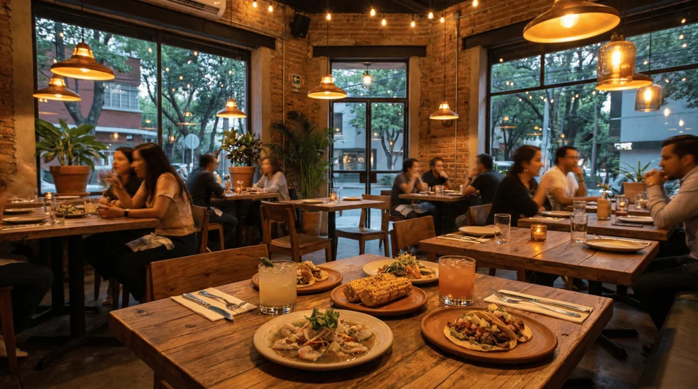 Elegant table setting at a mid-range restaurant in a trendy Mexican neighborhood