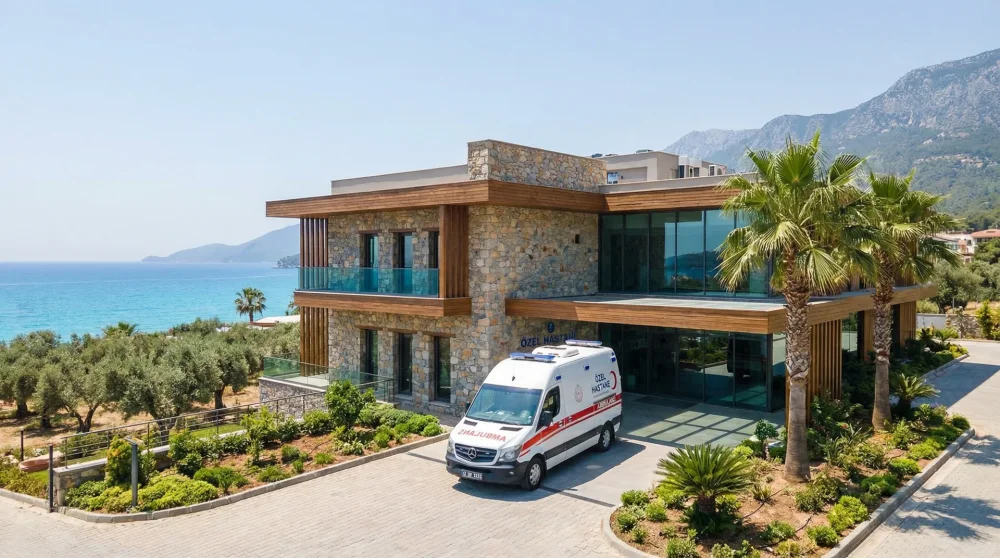 Außenansicht einer modernen Privatklinik an der türkischen Riviera bei Tageslicht.
