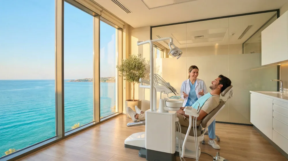 Hell erleuchtetes Behandlungszimmer einer hochmodernen Zahnklinik in Antalya mit Blick auf das Mittelmeer
