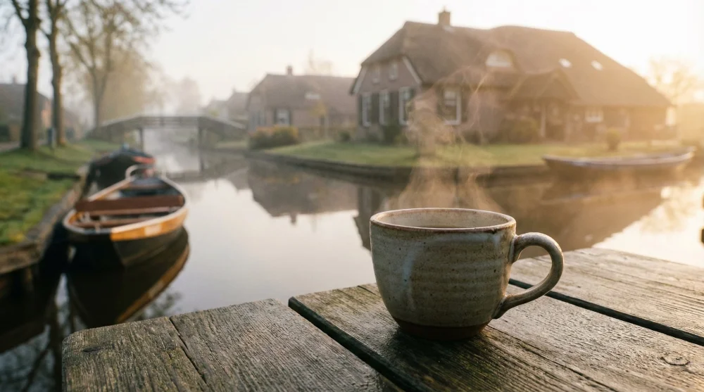 Morning coffee on a terrace overlooking a quiet Giethoorn canal