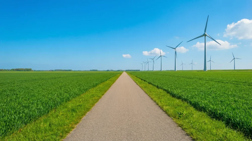 Flat paved trail passing green fields and wind turbines near Morsdorf