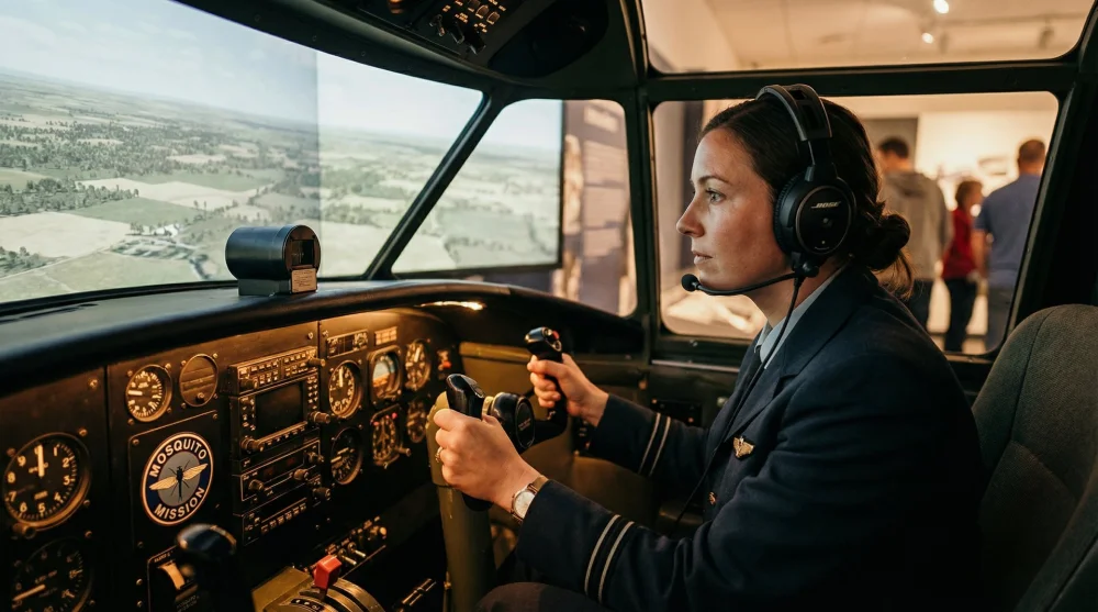 Visitor piloting the immersive Mosquito Mission flight simulator