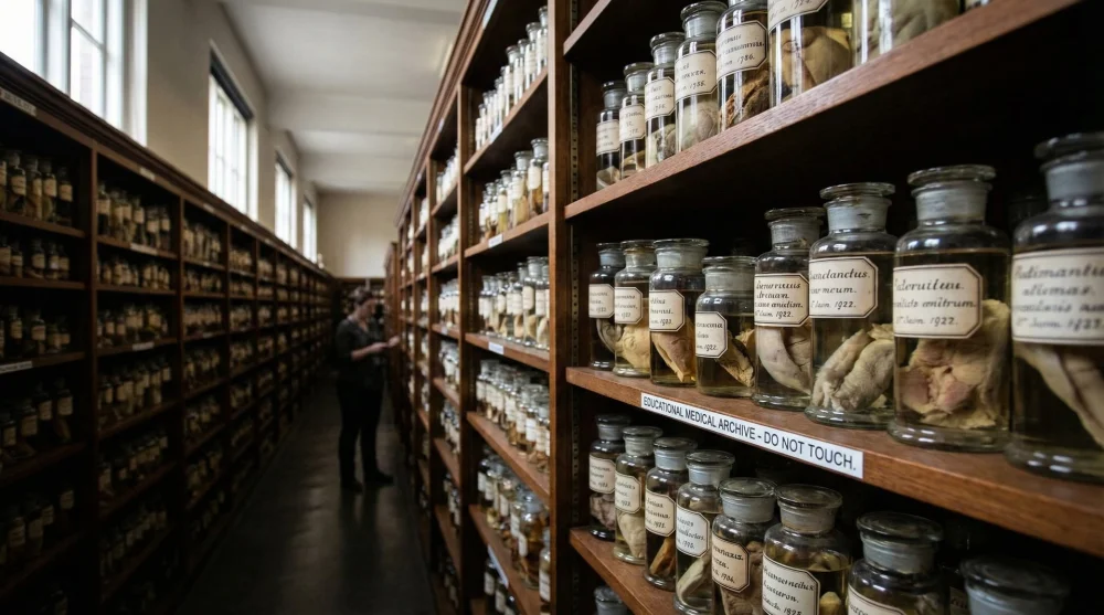 Thousands of medical specimens displayed in glass jars on the shelves of Museum Vrolik