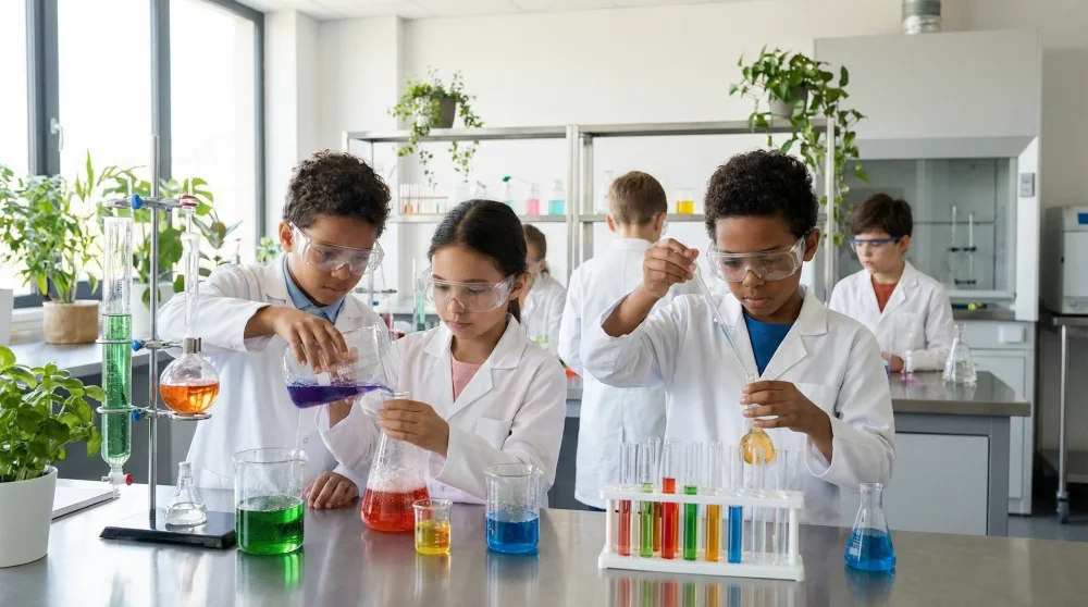 Children wearing lab coats and safety goggles conducting experiments in the Elementa laboratory