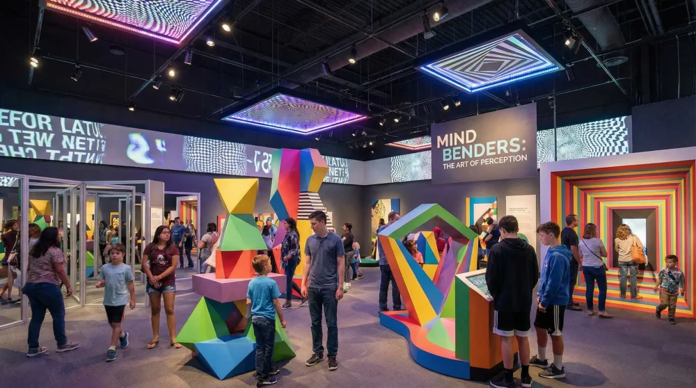 Interactive optical illusion and memory test exhibits on the Humania floor of NEMO